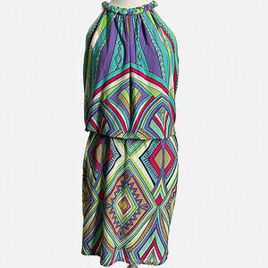 London Times Colorful Geometric‎ Diamond Print Halter Style Midi Dress